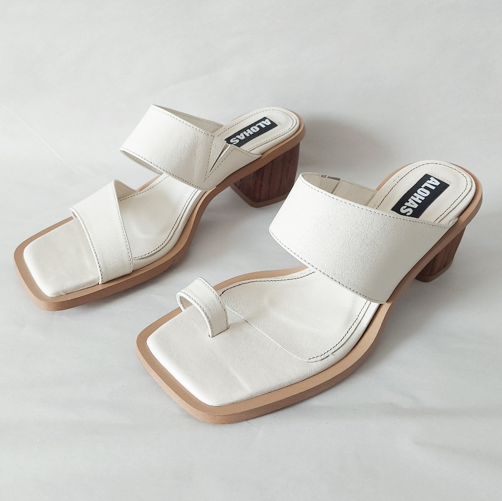 ALOHAS White Leather Toe-Ring Block Heel Sandals